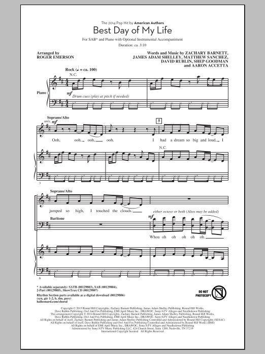 American Authors Best Day Of My Life (arr. Roger Emerson) Sheet Music Notes & Chords for 2-Part Choir - Download or Print PDF