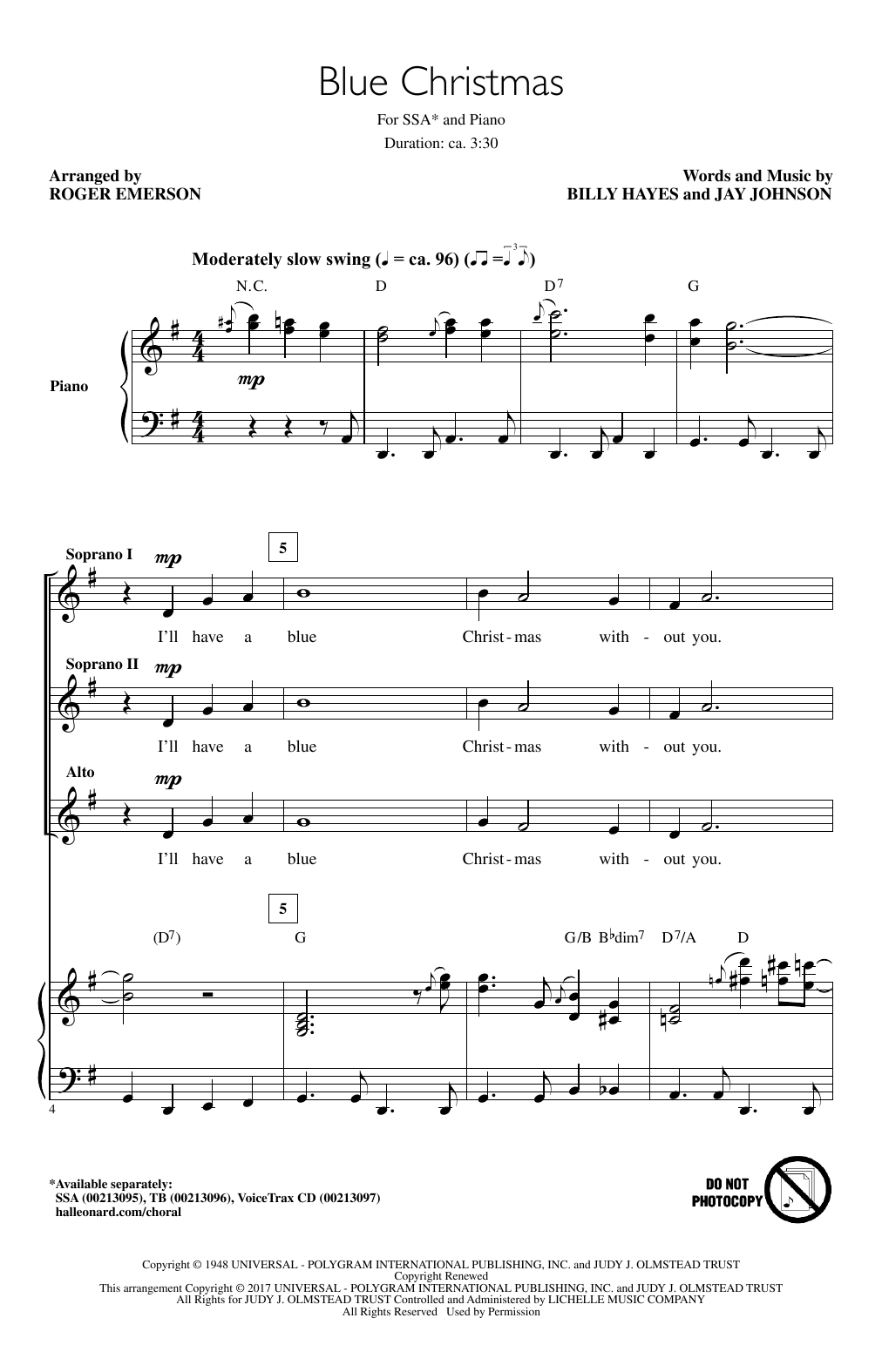 Roger Emerson Blue Christmas Sheet Music Notes & Chords for SSA - Download or Print PDF
