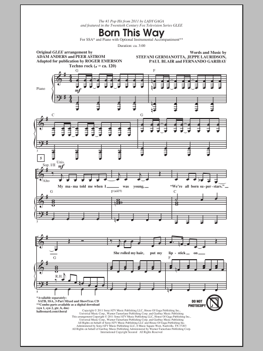 Glee Cast Born This Way (arr. Roger Emerson) Sheet Music Notes & Chords for SATB - Download or Print PDF