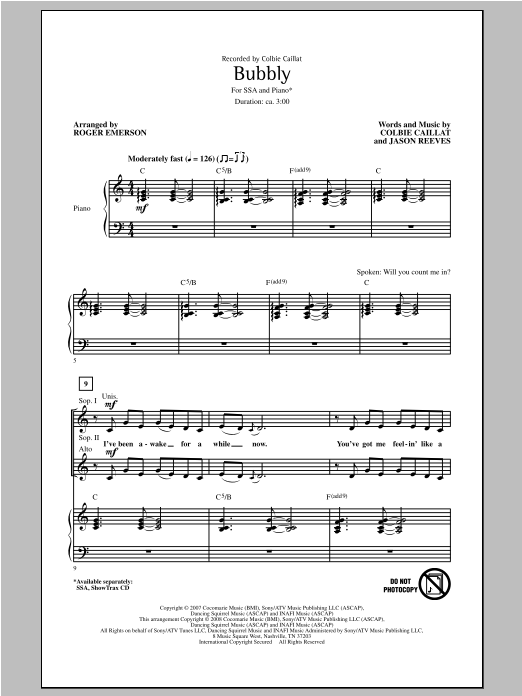 Colbie Caillat Bubbly (arr. Roger Emerson) Sheet Music Notes & Chords for SSA - Download or Print PDF