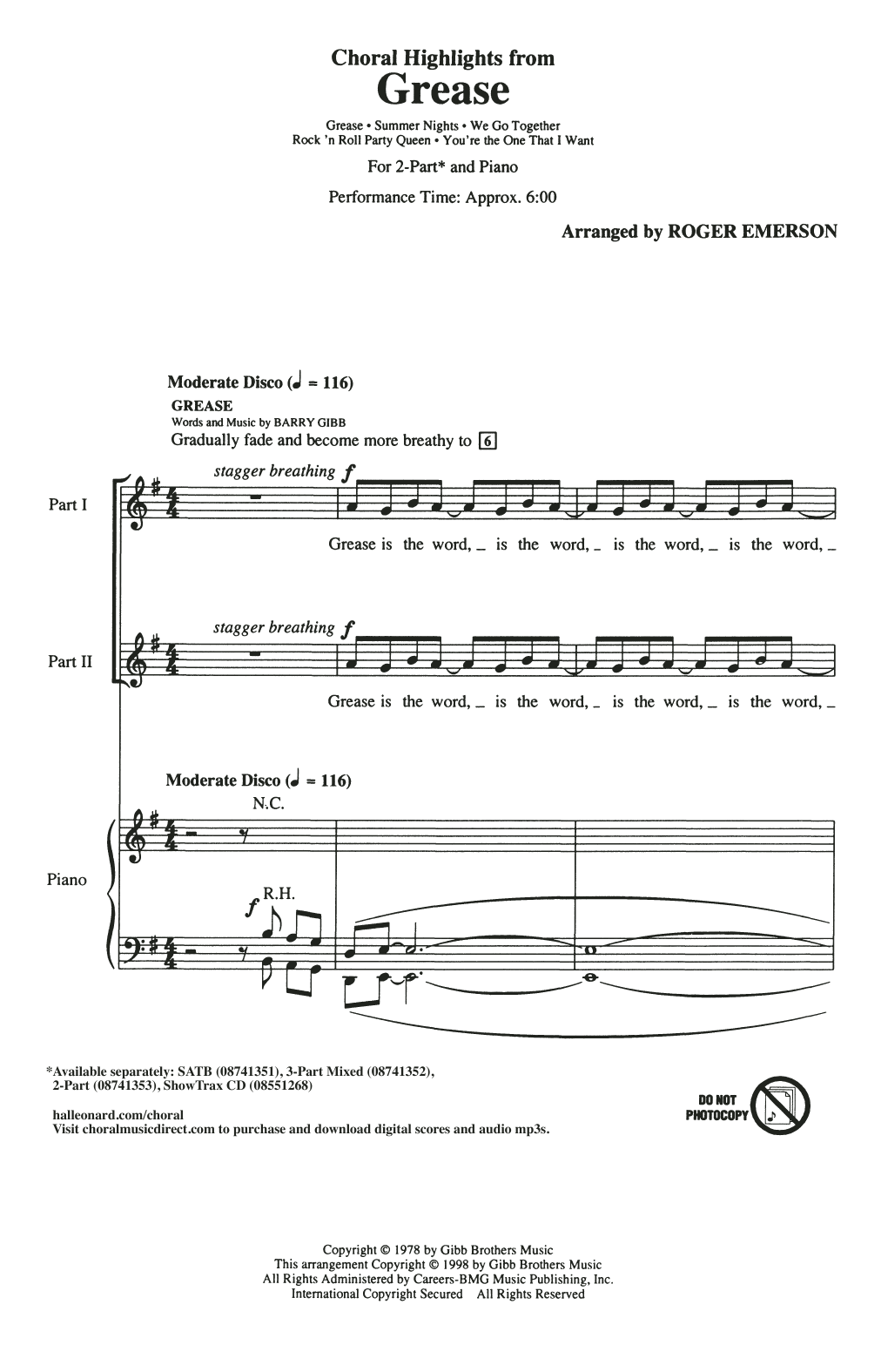 Roger Emerson Choral Highlights from Grease Sheet Music Notes & Chords for 3-Part Mixed Choir - Download or Print PDF