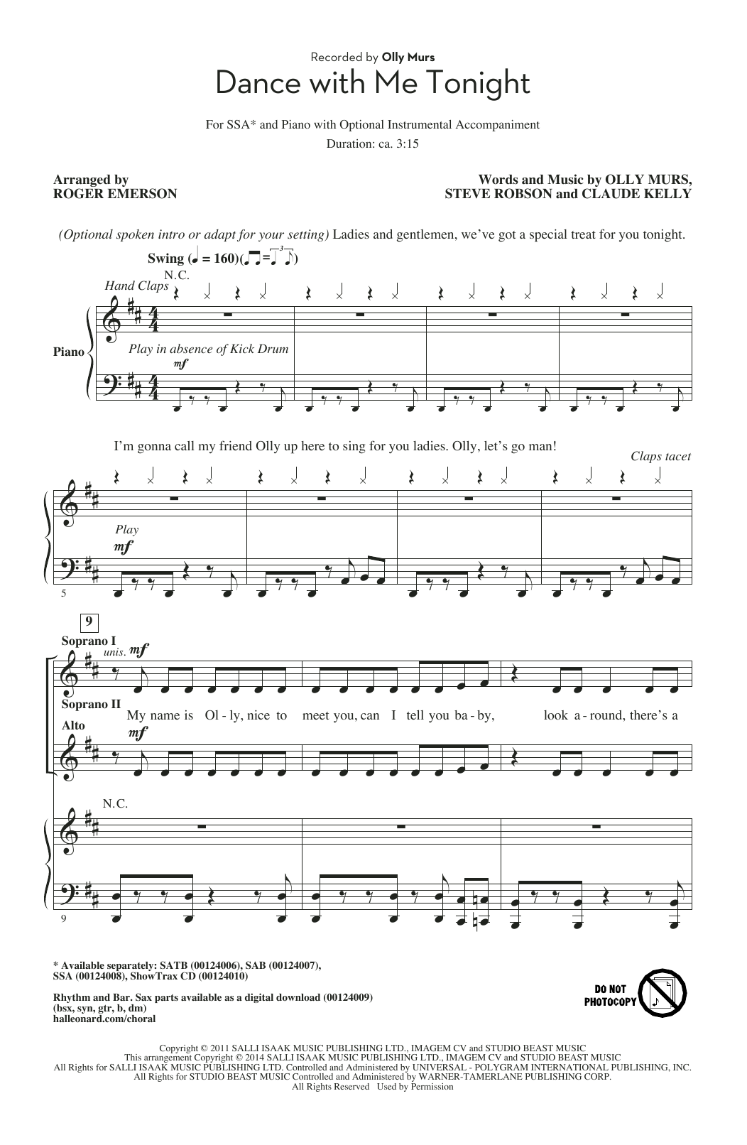 Olly Murs Dance With Me Tonight (arr. Roger Emerson) Sheet Music Notes & Chords for SAB - Download or Print PDF