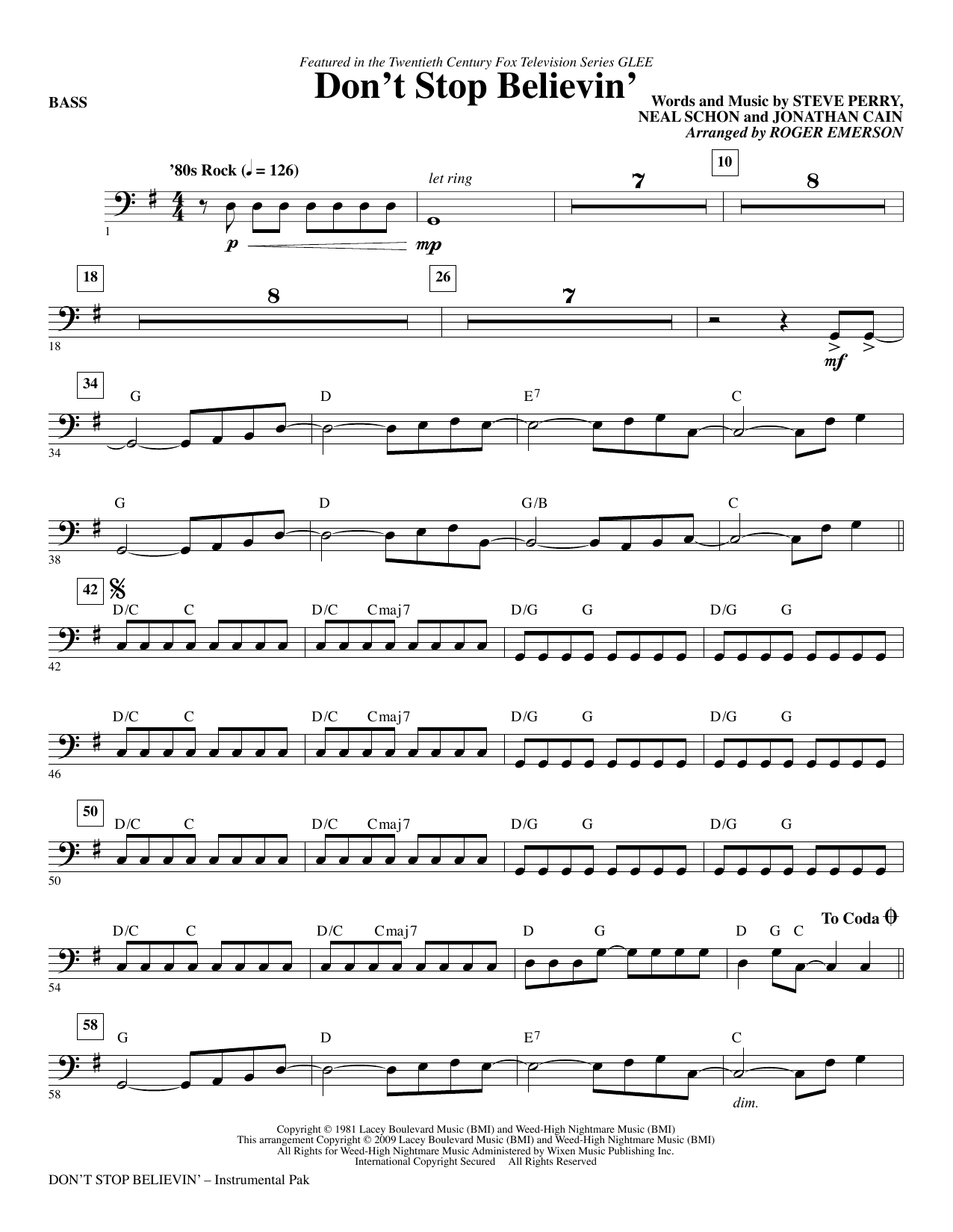 Roger Emerson Don't Stop Believin' - Bass Sheet Music Notes & Chords for Choir Instrumental Pak - Download or Print PDF
