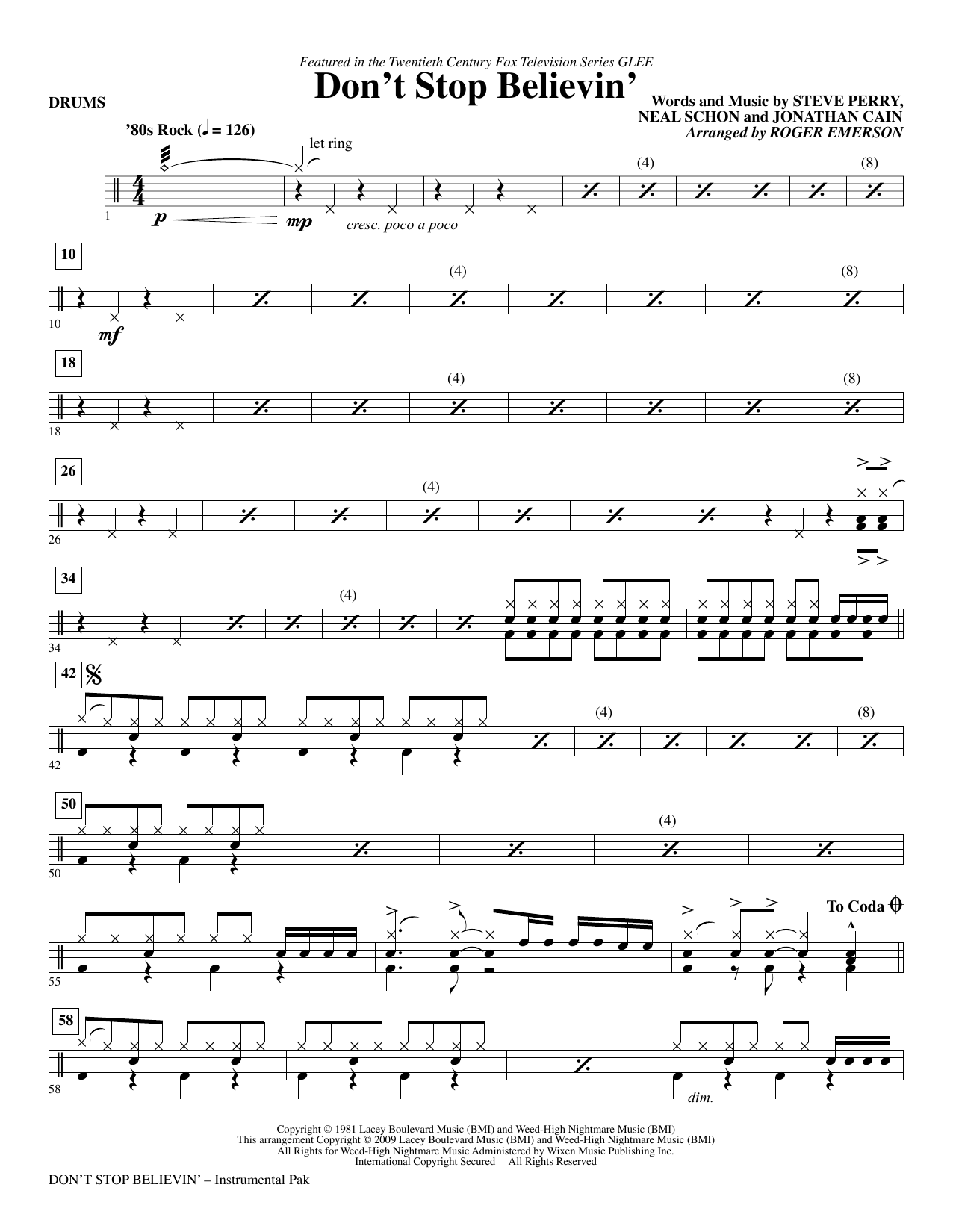 Roger Emerson Don't Stop Believin' - Drums Sheet Music Notes & Chords for Choir Instrumental Pak - Download or Print PDF