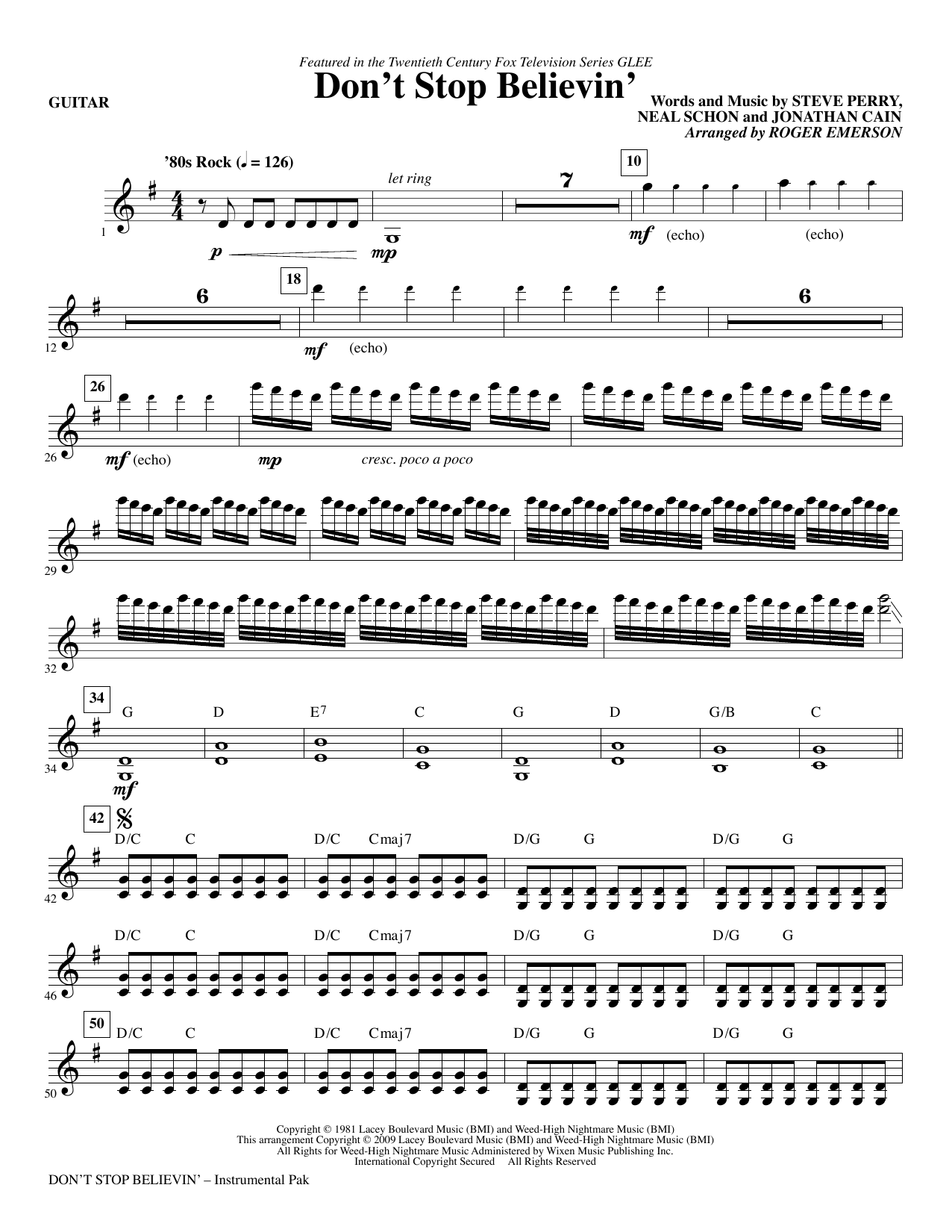 Roger Emerson Don't Stop Believin' - Guitar Sheet Music Notes & Chords for Choir Instrumental Pak - Download or Print PDF