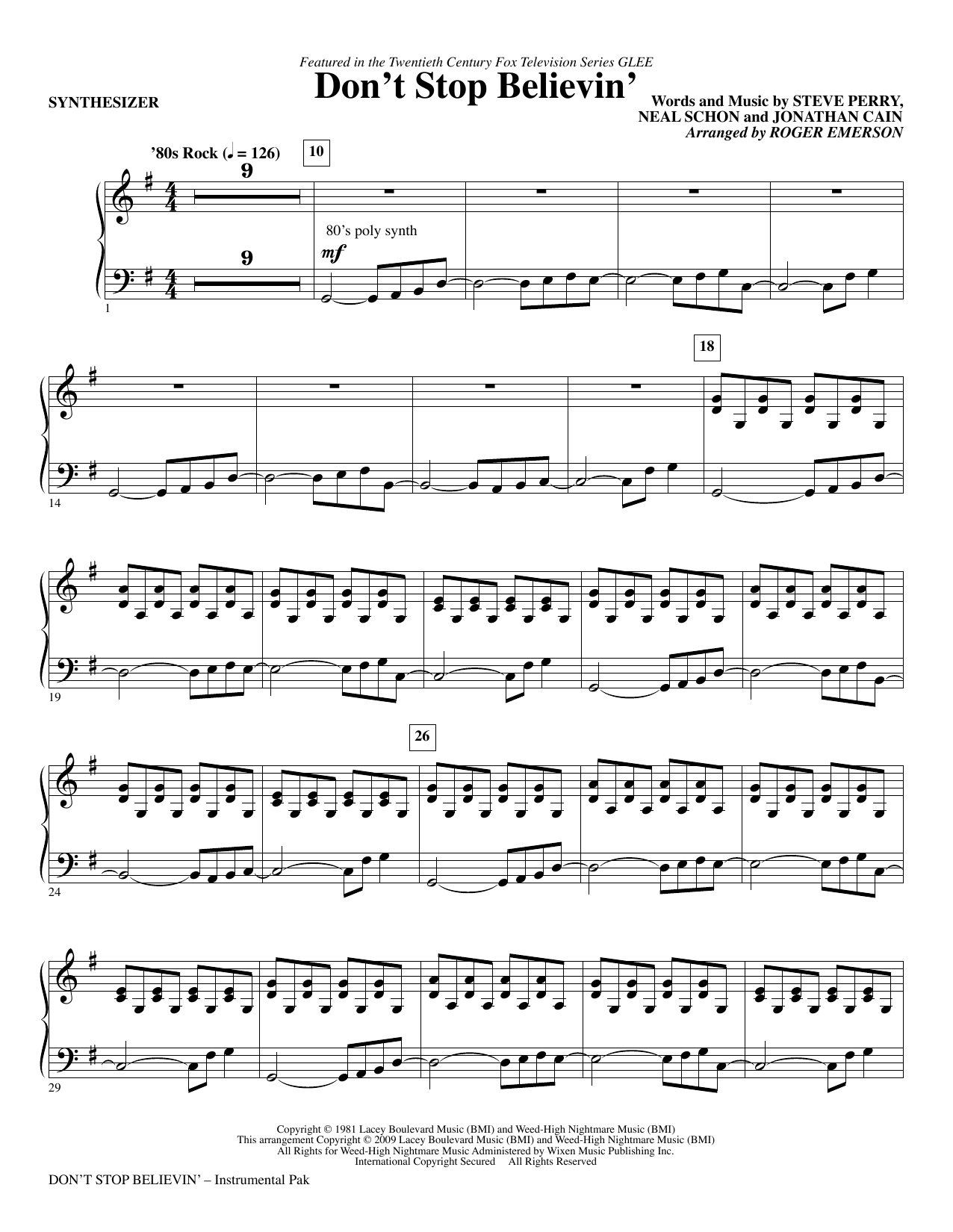 Roger Emerson Don't Stop Believin' - Synthesizer Sheet Music Notes & Chords for Choir Instrumental Pak - Download or Print PDF