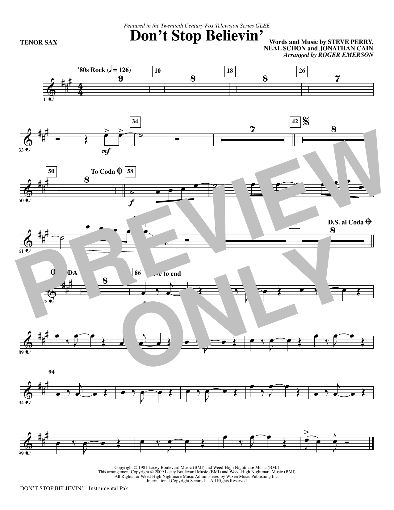 Roger Emerson Don't Stop Believin' - Tenor Sax Sheet Music Notes & Chords for Choir Instrumental Pak - Download or Print PDF
