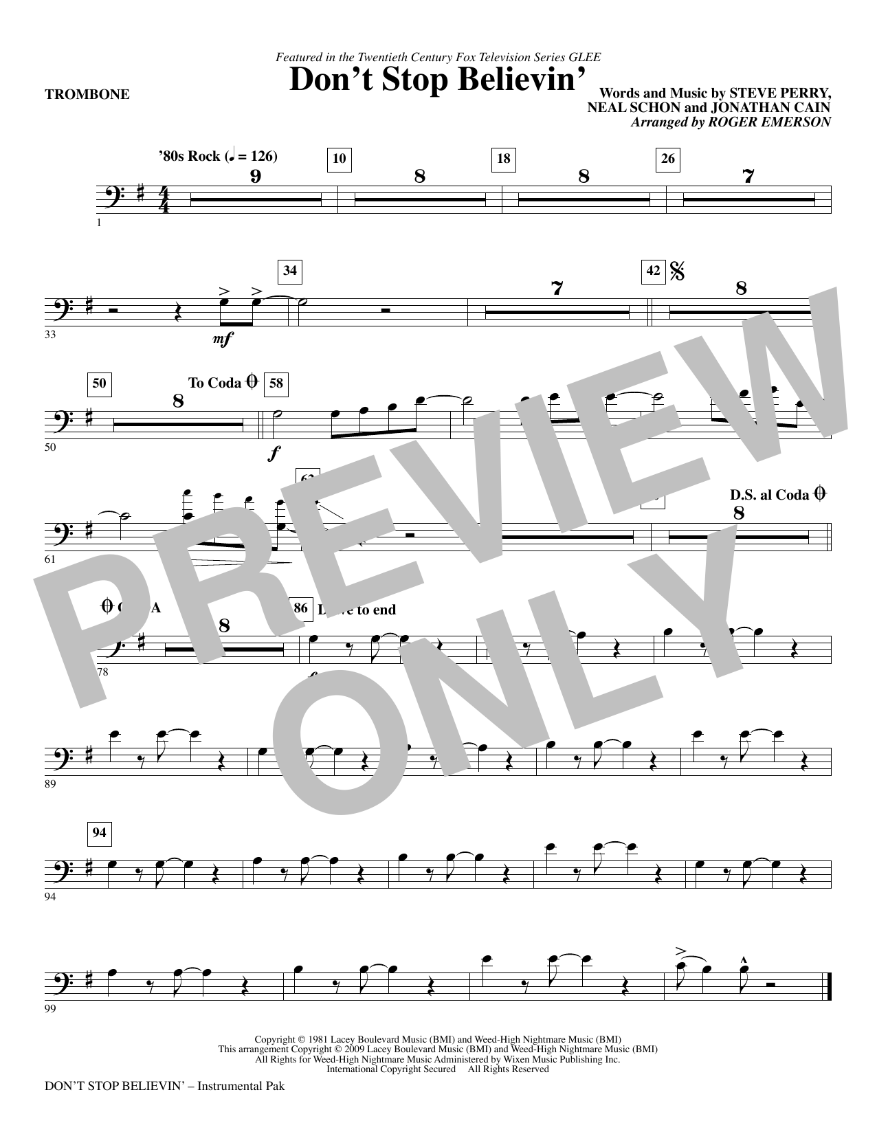 Roger Emerson Don't Stop Believin' - Trombone Sheet Music Notes & Chords for Choir Instrumental Pak - Download or Print PDF