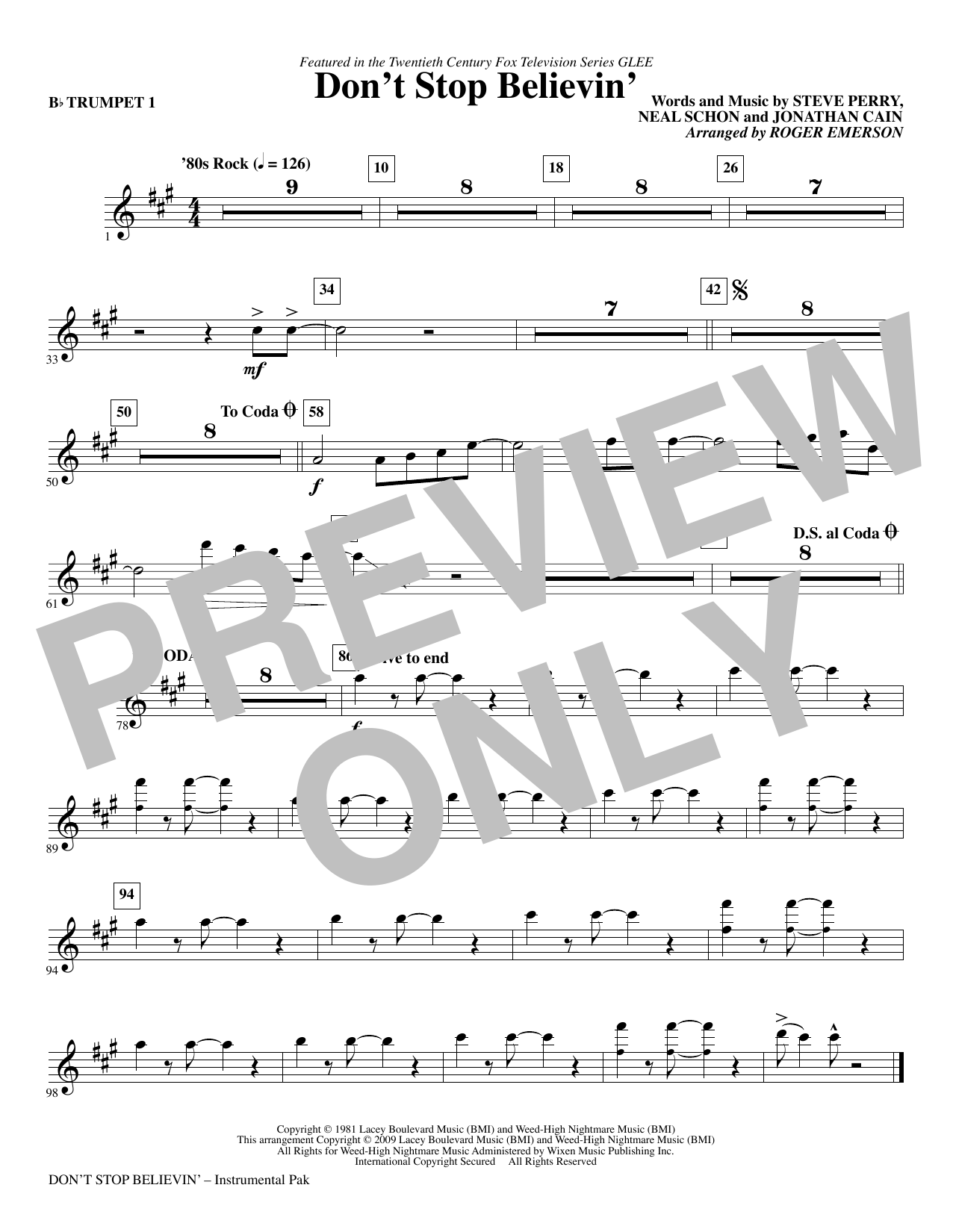 Roger Emerson Don't Stop Believin' - Trumpet 1 Sheet Music Notes & Chords for Choir Instrumental Pak - Download or Print PDF