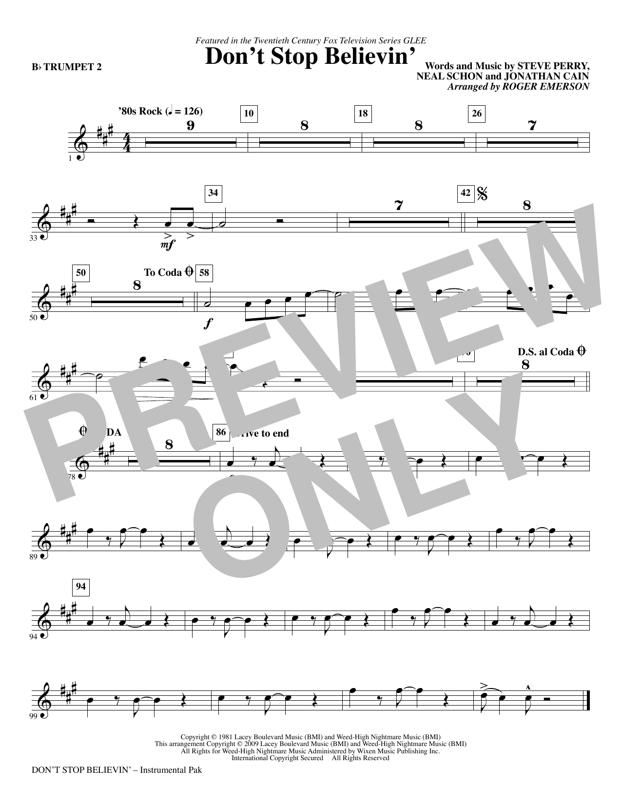 Roger Emerson Don't Stop Believin' - Trumpet 2 Sheet Music Notes & Chords for Choir Instrumental Pak - Download or Print PDF