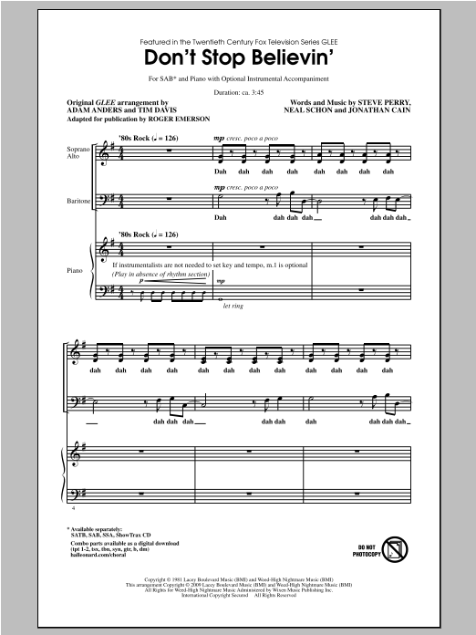 Roger Emerson Don't Stop Believin' Sheet Music Notes & Chords for SAB - Download or Print PDF
