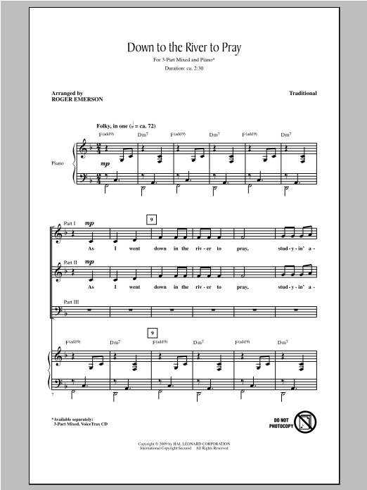 Roger Emerson Down To The River To Pray Sheet Music Notes & Chords for 3-Part Mixed - Download or Print PDF