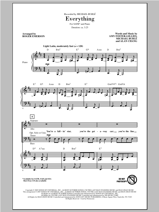 Michael Buble Everything (arr. Roger Emerson) Sheet Music Notes & Chords for SATB - Download or Print PDF