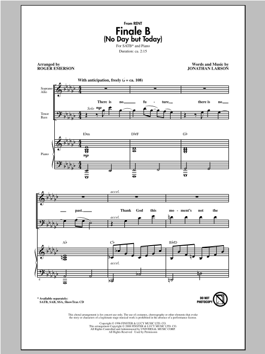 Jonathan Larson Finale B (No Day But Today) (arr. Roger Emerson) Sheet Music Notes & Chords for SATB - Download or Print PDF