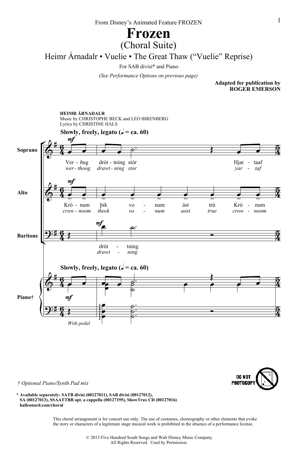 Roger Emerson Frozen (Choral Suite) Sheet Music Notes & Chords for 2-Part Choir - Download or Print PDF