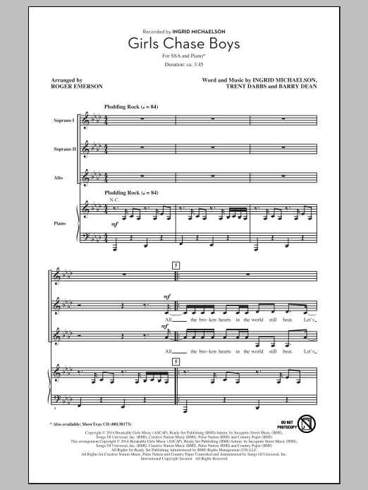 Ingrid Michaelson Girls Chase Boys (arr. Roger Emerson) Sheet Music Notes & Chords for SSA - Download or Print PDF