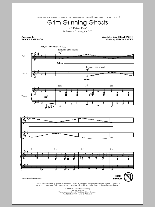 Buddy Baker Grim Grinning Ghosts (arr. Roger Emerson) Sheet Music Notes & Chords for 2-Part Choir - Download or Print PDF