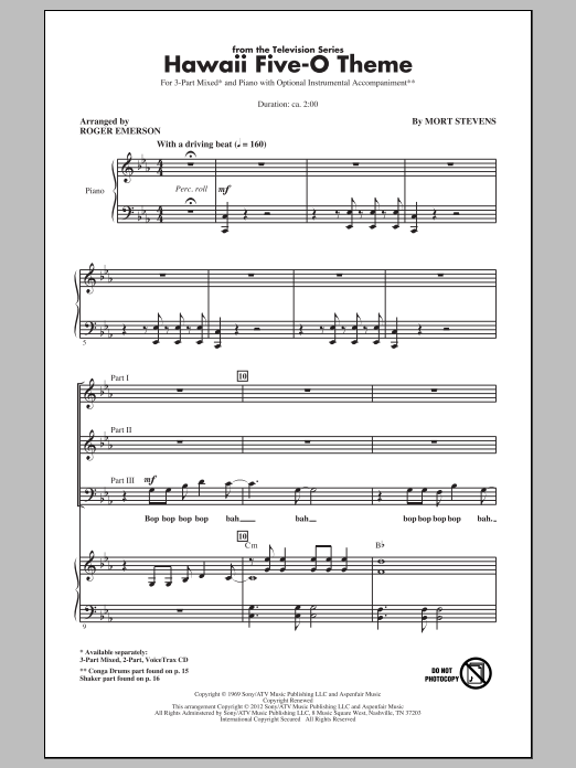 Mort Stevens Hawaii Five-O Theme (arr. Roger Emerson) Sheet Music Notes & Chords for 3-Part Mixed - Download or Print PDF