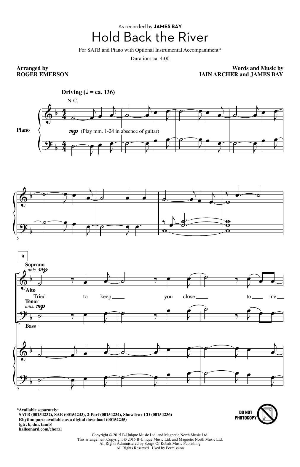 James Bay Hold Back The River (arr. Roger Emerson) Sheet Music Notes & Chords for SATB - Download or Print PDF