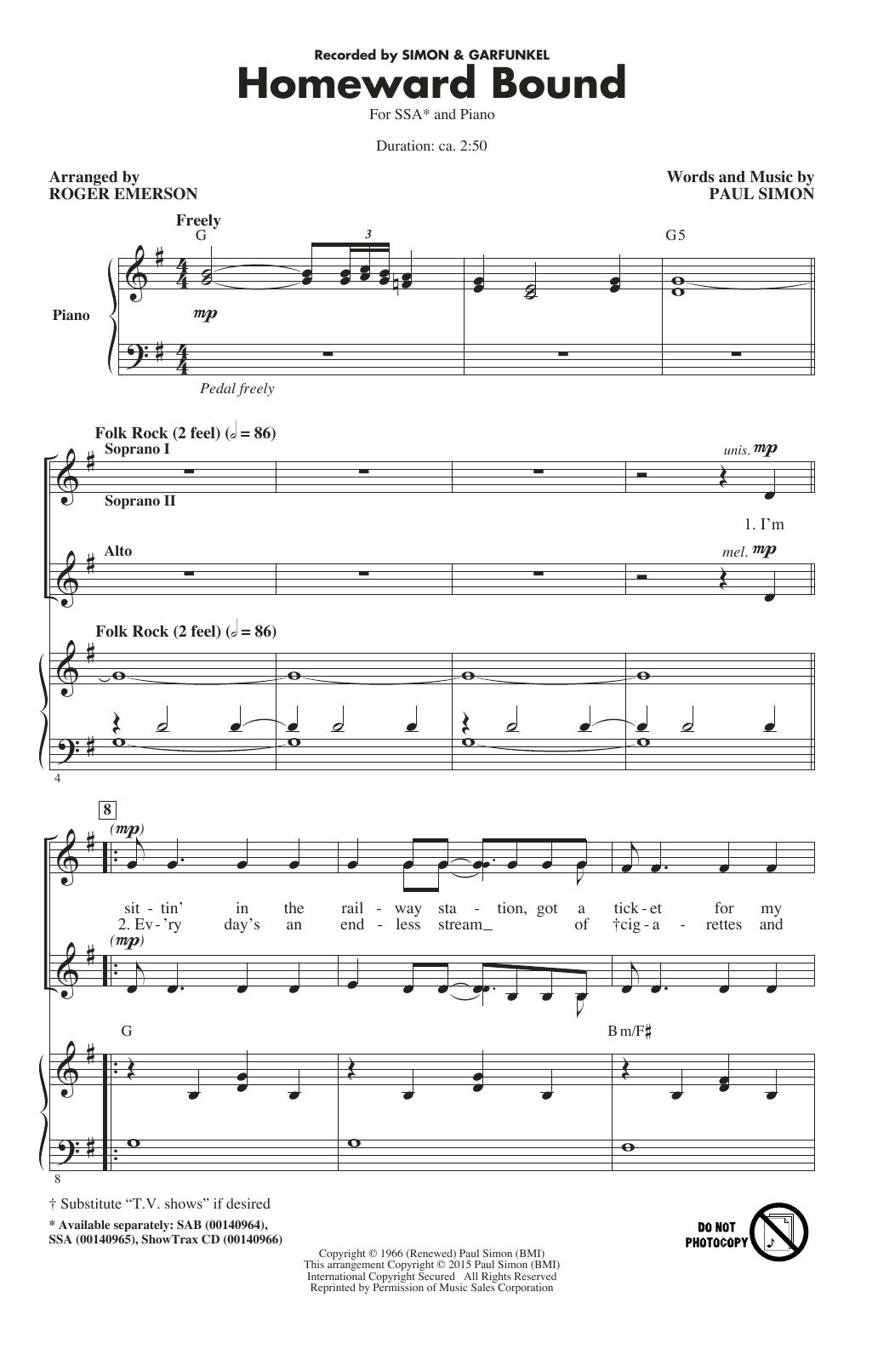 Simon & Garfunkel Homeward Bound (arr. Roger Emerson) Sheet Music Notes & Chords for SSA - Download or Print PDF