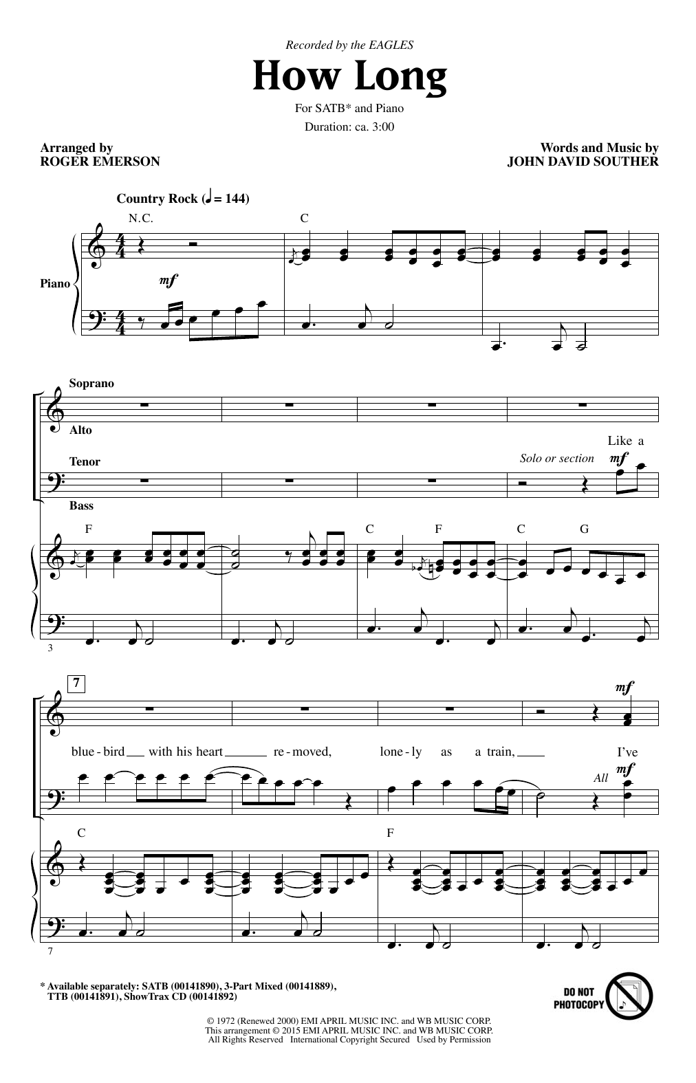 Eagles How Long (arr. Roger Emerson) Sheet Music Notes & Chords for TTBB - Download or Print PDF