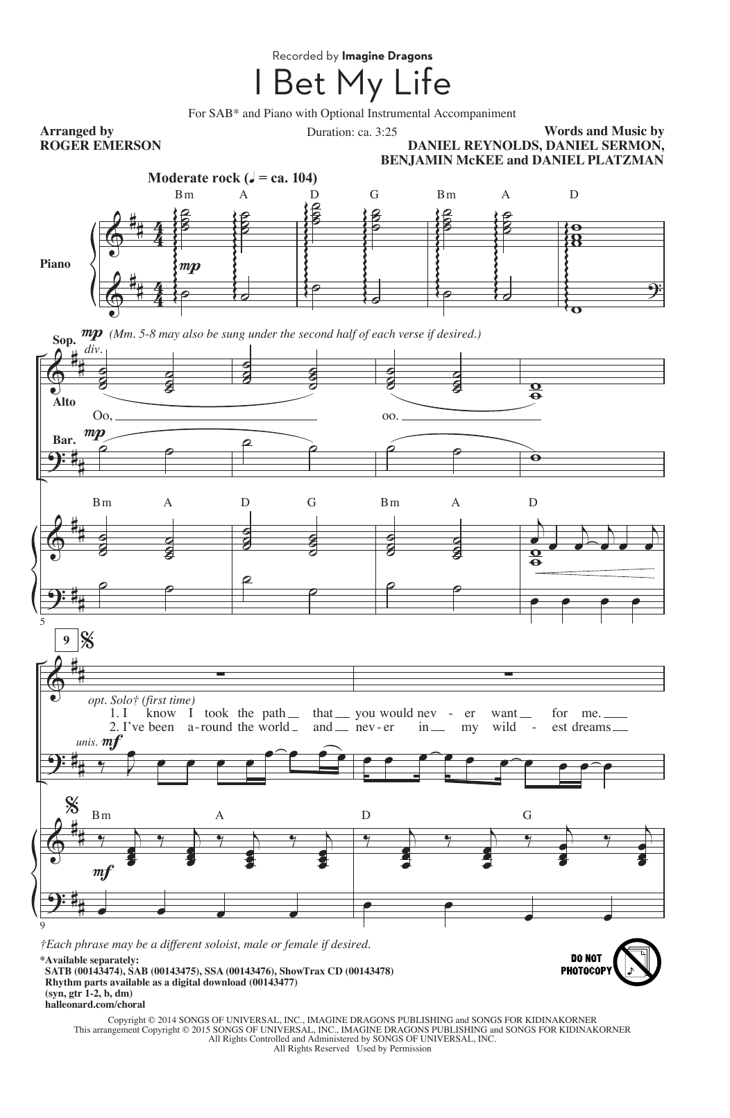 Imagine Dragons I Bet My Life (arr. Roger Emerson) Sheet Music Notes & Chords for SATB - Download or Print PDF