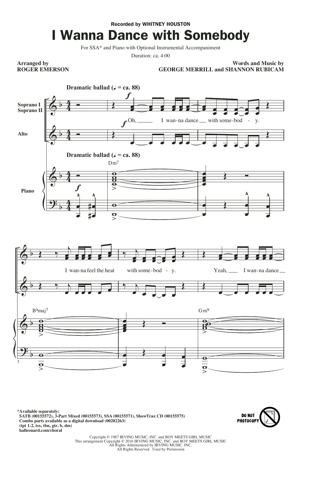 Roger Emerson I Wanna Dance With Somebody Sheet Music Notes & Chords for SSA - Download or Print PDF