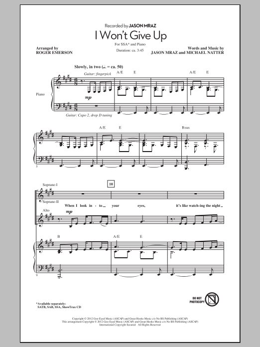 Jason Mraz I Won't Give Up (arr. Roger Emerson) Sheet Music Notes & Chords for SAB - Download or Print PDF