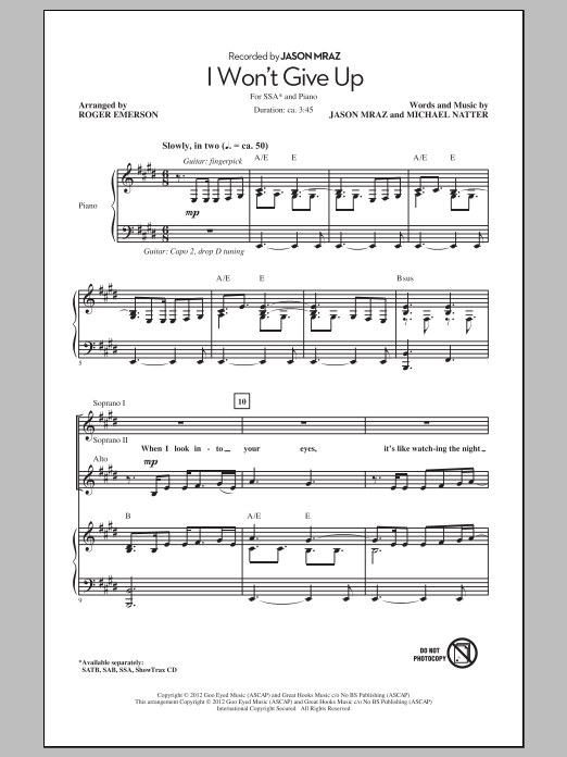 Jason Mraz I Won't Give Up (arr. Roger Emerson) Sheet Music Notes & Chords for SSA - Download or Print PDF