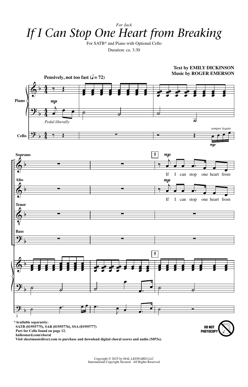 Roger Emerson If I Can Stop One Heart From Breaking Sheet Music Notes & Chords for SAB Choir - Download or Print PDF