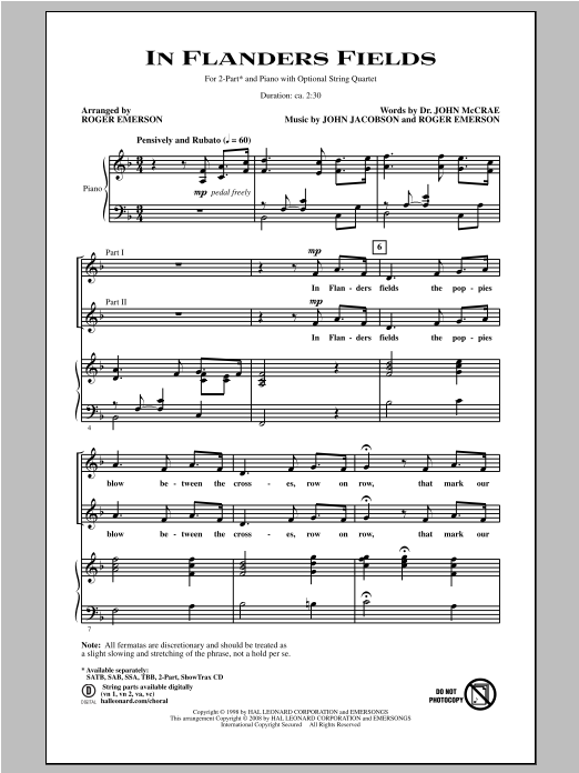 Roger Emerson In Flanders Fields Sheet Music Notes & Chords for 2-Part Choir - Download or Print PDF