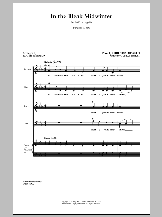 Roger Emerson In The Bleak Midwinter Sheet Music Notes & Chords for SATB - Download or Print PDF