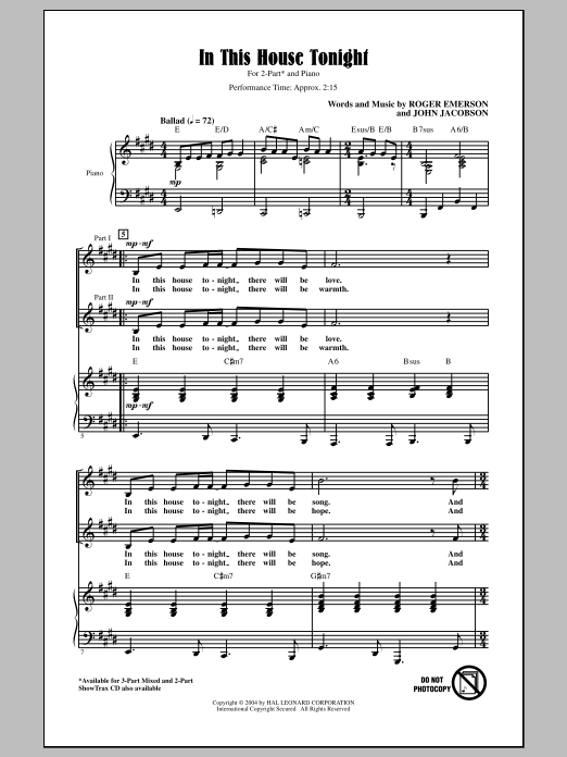 Roger Emerson In This House Tonight Sheet Music Notes & Chords for 3-Part Mixed - Download or Print PDF