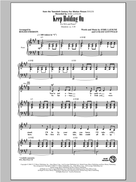 Avril Lavigne Keep Holding On (arr. Roger Emerson) Sheet Music Notes & Chords for SSA - Download or Print PDF