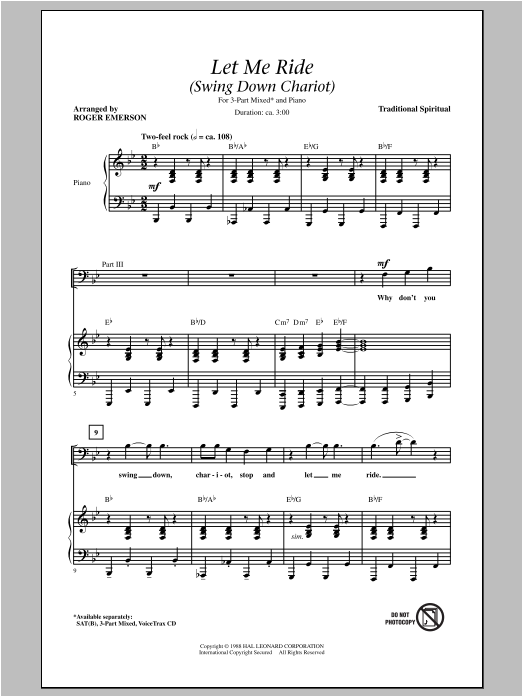 Roger Emerson Let Me Ride Sheet Music Notes & Chords for 3-Part Mixed - Download or Print PDF