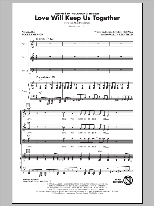 The Captain & Tennille Love Will Keep Us Together (arr. Roger Emerson) Sheet Music Notes & Chords for 3-Part Mixed - Download or Print PDF