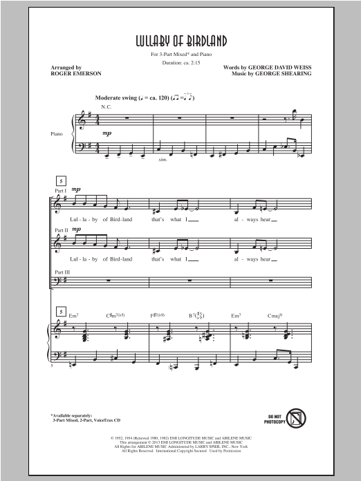 Roger Emerson Lullaby Of Birdland Sheet Music Notes & Chords for 3-Part Mixed - Download or Print PDF