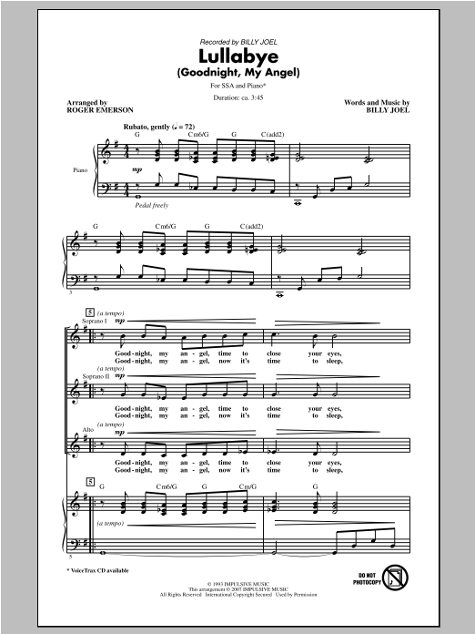 Billy Joel Lullabye (Goodnight, My Angel) (arr. Roger Emerson) Sheet Music Notes & Chords for SSA - Download or Print PDF