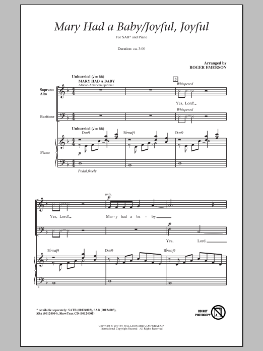 Roger Emerson Mary Had A Baby / Joyful, Joyful Sheet Music Notes & Chords for SSA - Download or Print PDF