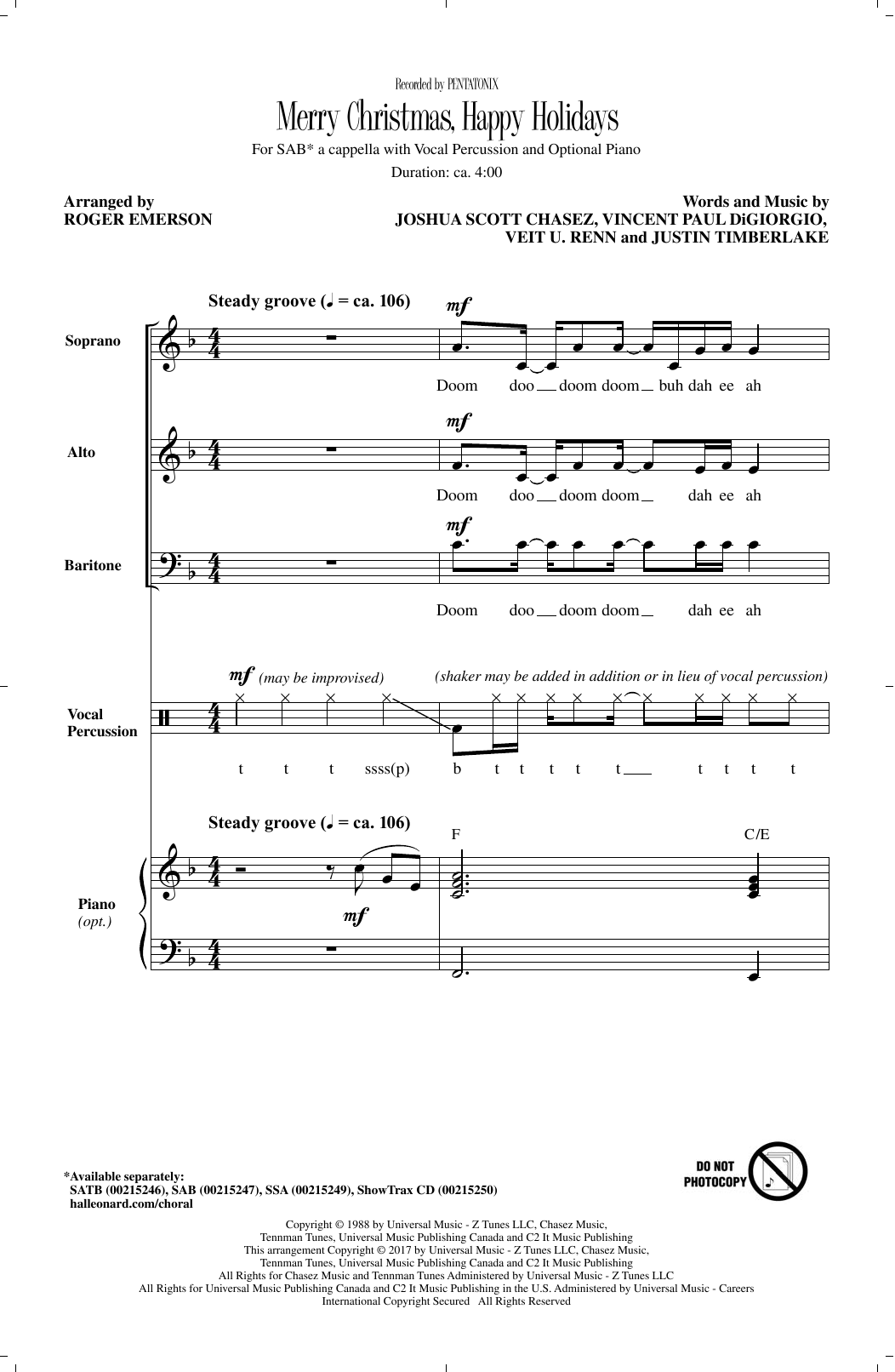 Pentatonix Merry Christmas, Happy Holidays (arr. Roger Emerson) Sheet Music Notes & Chords for SAB - Download or Print PDF