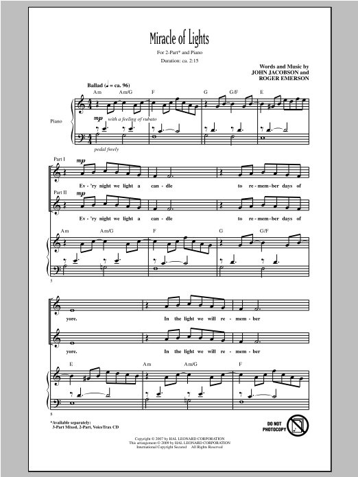 Roger Emerson Miracle Of Lights Sheet Music Notes & Chords for 2-Part Choir - Download or Print PDF