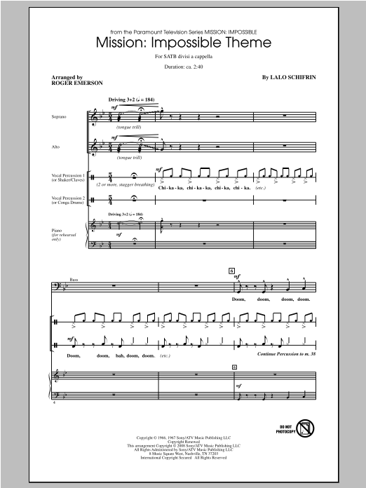 Roger Emerson Mission: Impossible Theme Sheet Music Notes & Chords for SATB - Download or Print PDF