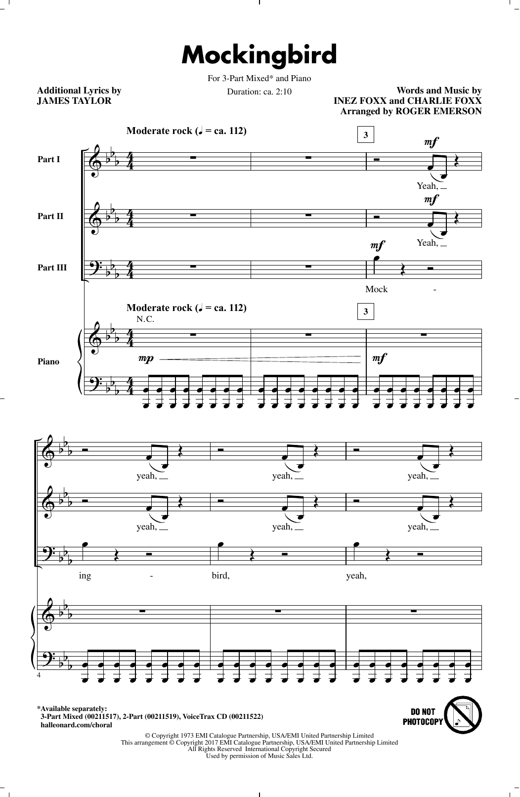 Roger Emerson Mockingbird Sheet Music Notes & Chords for 3-Part Mixed - Download or Print PDF