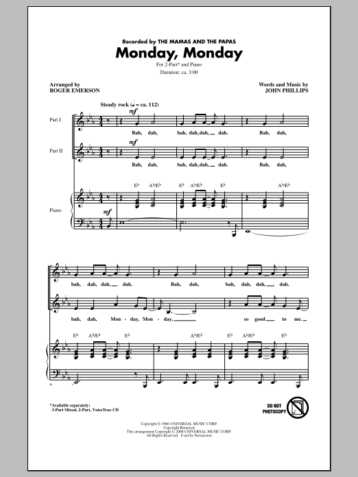 Roger Emerson Monday, Monday Sheet Music Notes & Chords for 2-Part Choir - Download or Print PDF