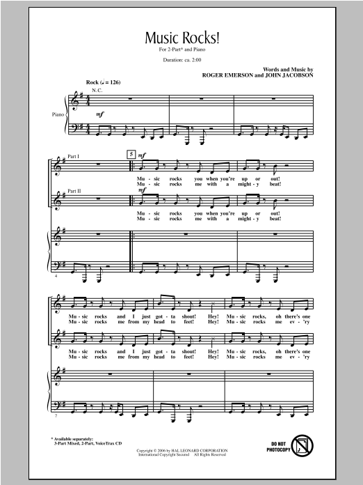 Roger Emerson Music Rocks! Sheet Music Notes & Chords for 2-Part Choir - Download or Print PDF