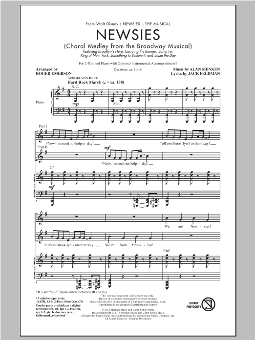 Alan Menken Newsies (Choral Medley) (arr. Roger Emerson) Sheet Music Notes & Chords for 2-Part Choir - Download or Print PDF