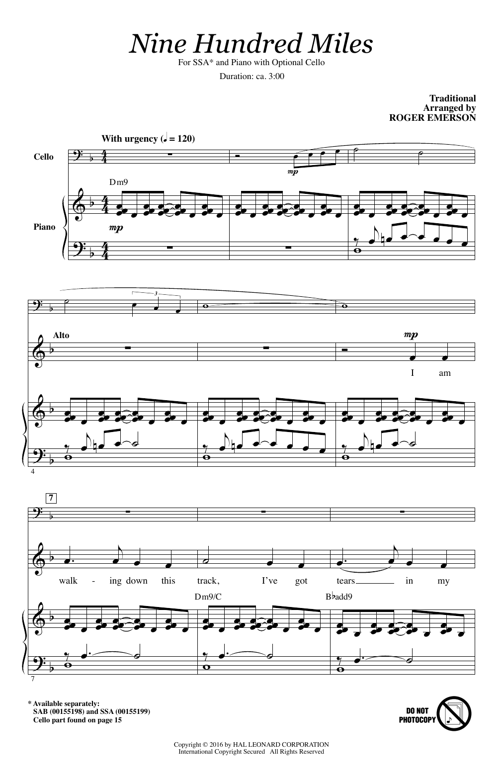 Roger Emerson Nine Hundred Miles Sheet Music Notes & Chords for SSA - Download or Print PDF
