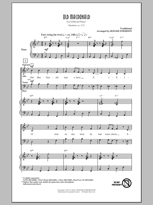Traditional Old MacDonald (arr. Roger Emerson) Sheet Music Notes & Chords for SATB - Download or Print PDF
