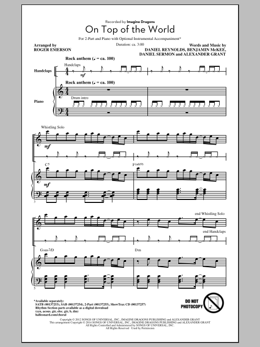 Imagine Dragons On Top Of The World (arr. Roger Emerson) Sheet Music Notes & Chords for SAB - Download or Print PDF