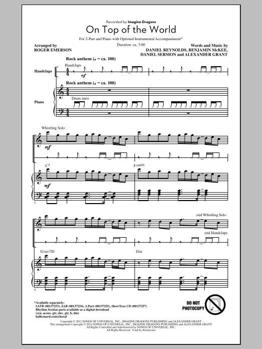 Imagine Dragons On Top Of The World (arr. Roger Emerson) Sheet Music Notes & Chords for SATB - Download or Print PDF